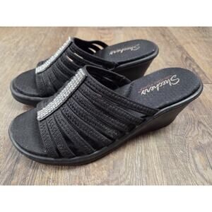 Skechers Rumblers Hot Shot Wedge Black Rhinestone Sandals Shoes Heels Size 9